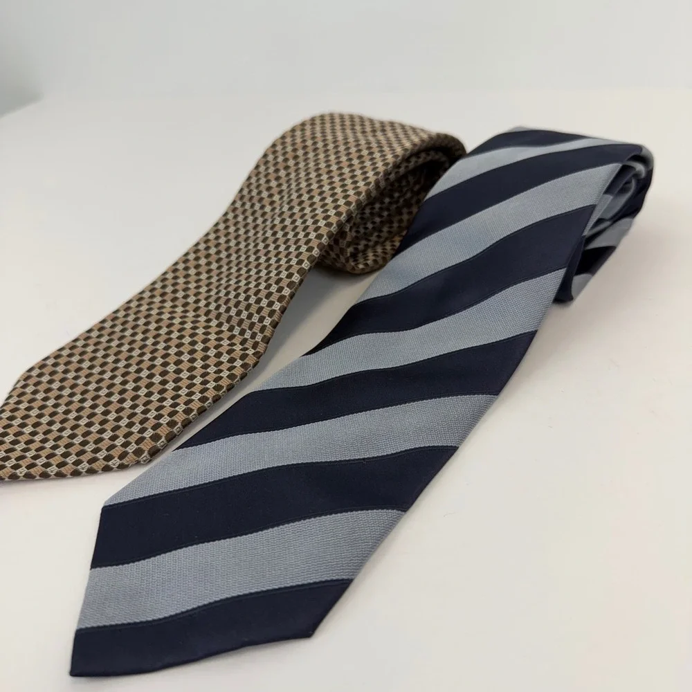 Hugo Boss Tie Lot 2 Silk Navy Stripe Brown Geometric BOSS‎